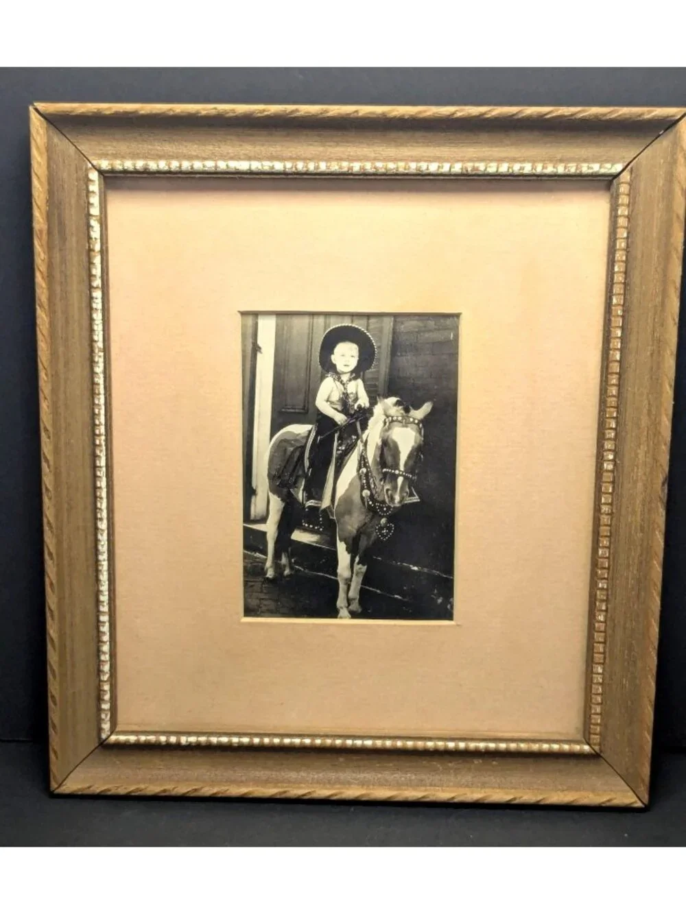 Vtg. Western Child On Pony Black & White Photo  Rustic Wooden Frame 8x10 Inches